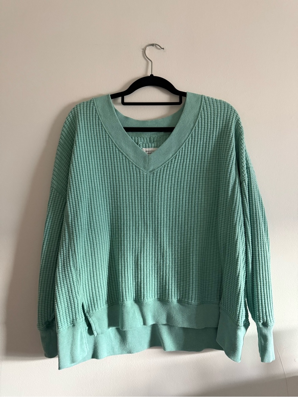 American Eagle Outfitters turquoise V-Neck Waffle Knit Sweater - size XS